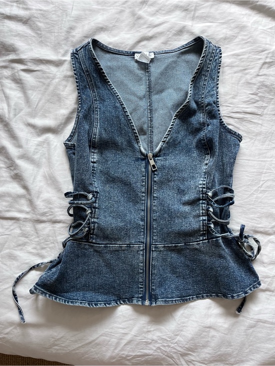 VENUS Tops - Venus Dark Wash Denim Zip Front Tank with Side Lace-Up